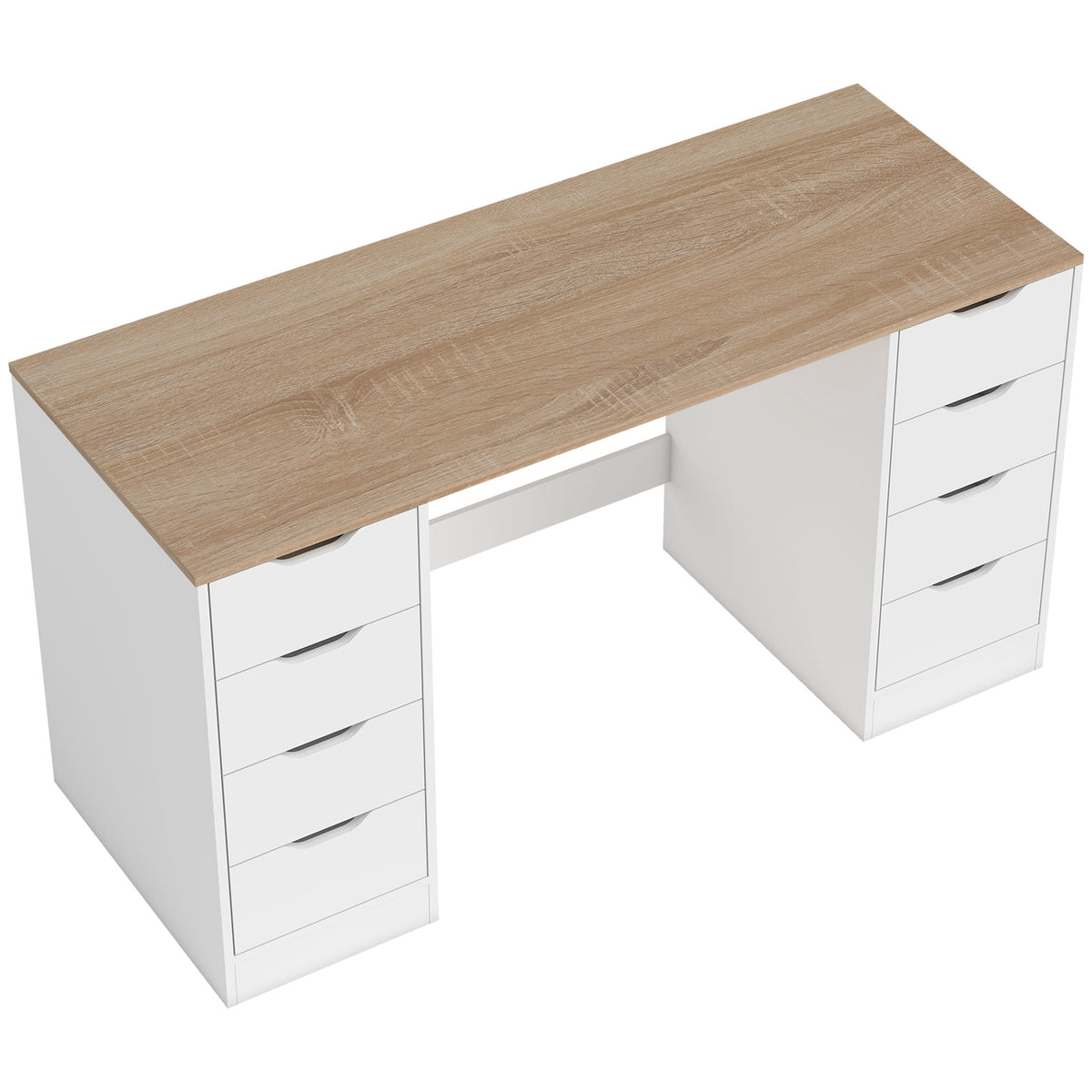 140 cm computer desk, 8 drawers, desk for home office, bedroom, steel, wood, natural