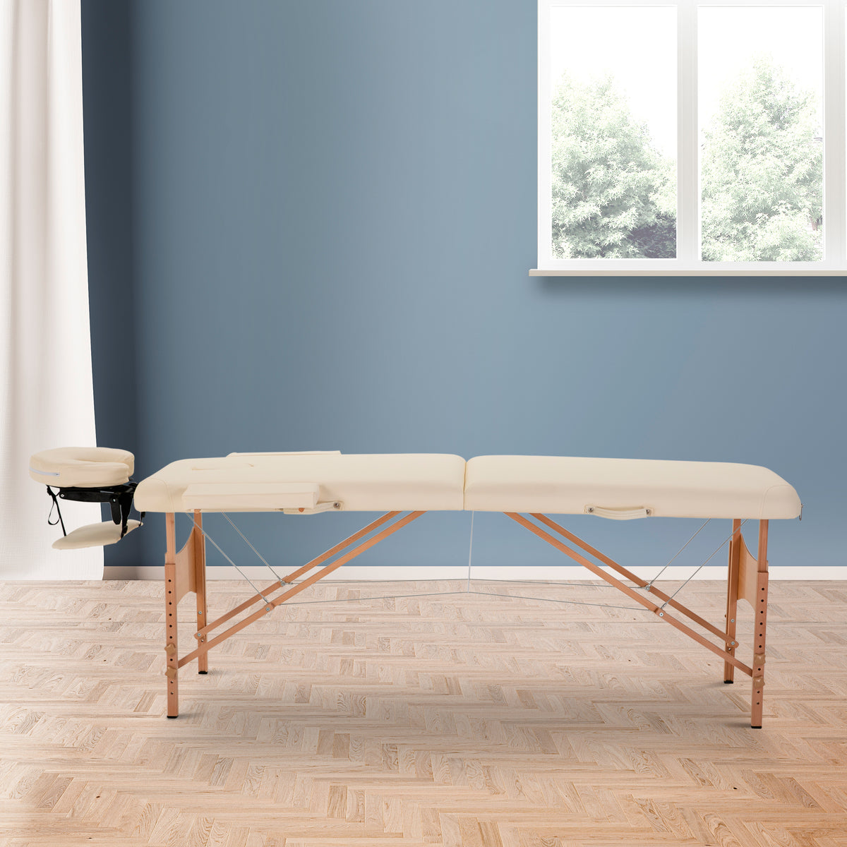 Massage table, foldable massage couch, height-adjustable massage bench for spa, salon, faux leather, wood, cream (2)
