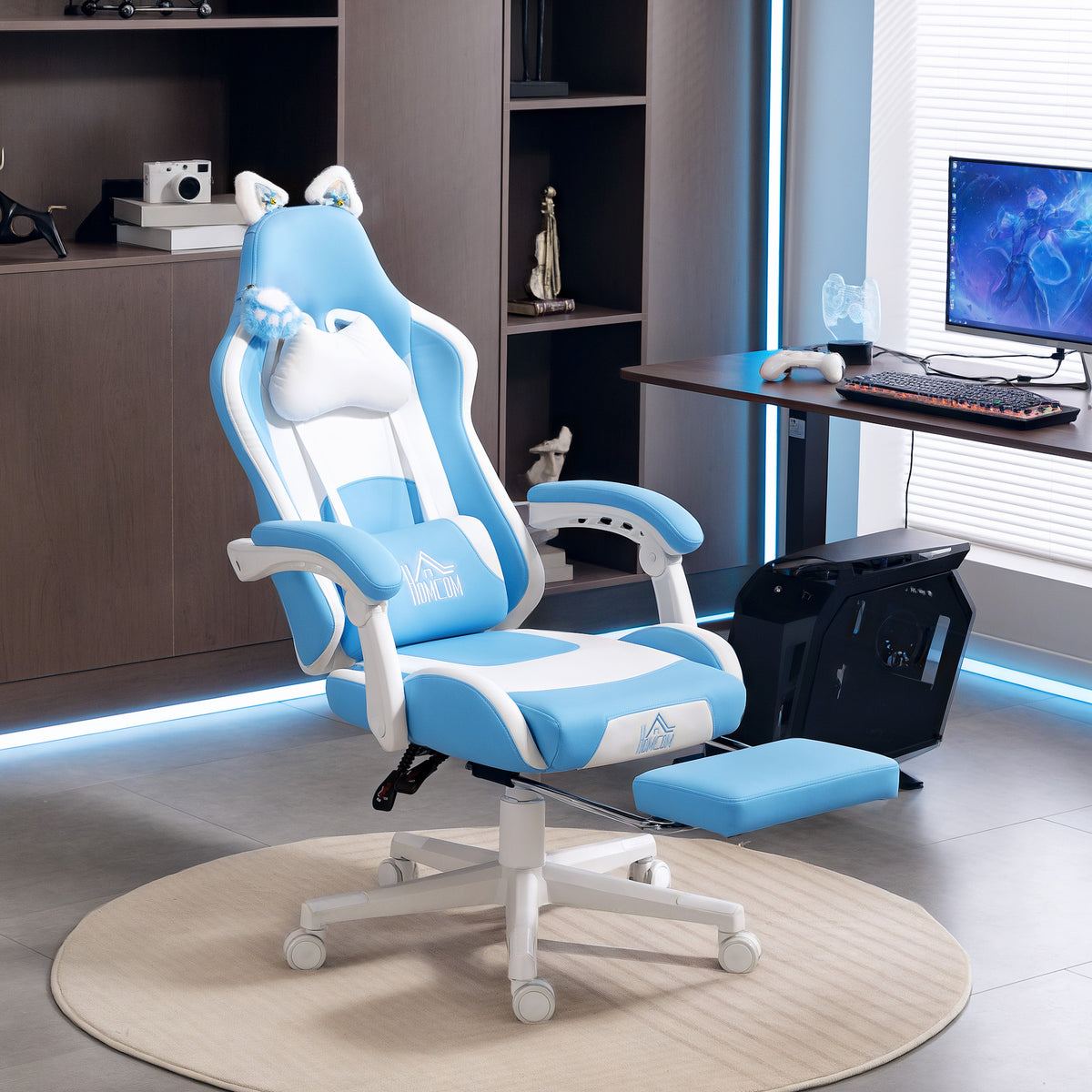 Gaming chair with cat ears, tiltable backrest, retractable footrest, load capacity up to 120 kg, lake blue (2)