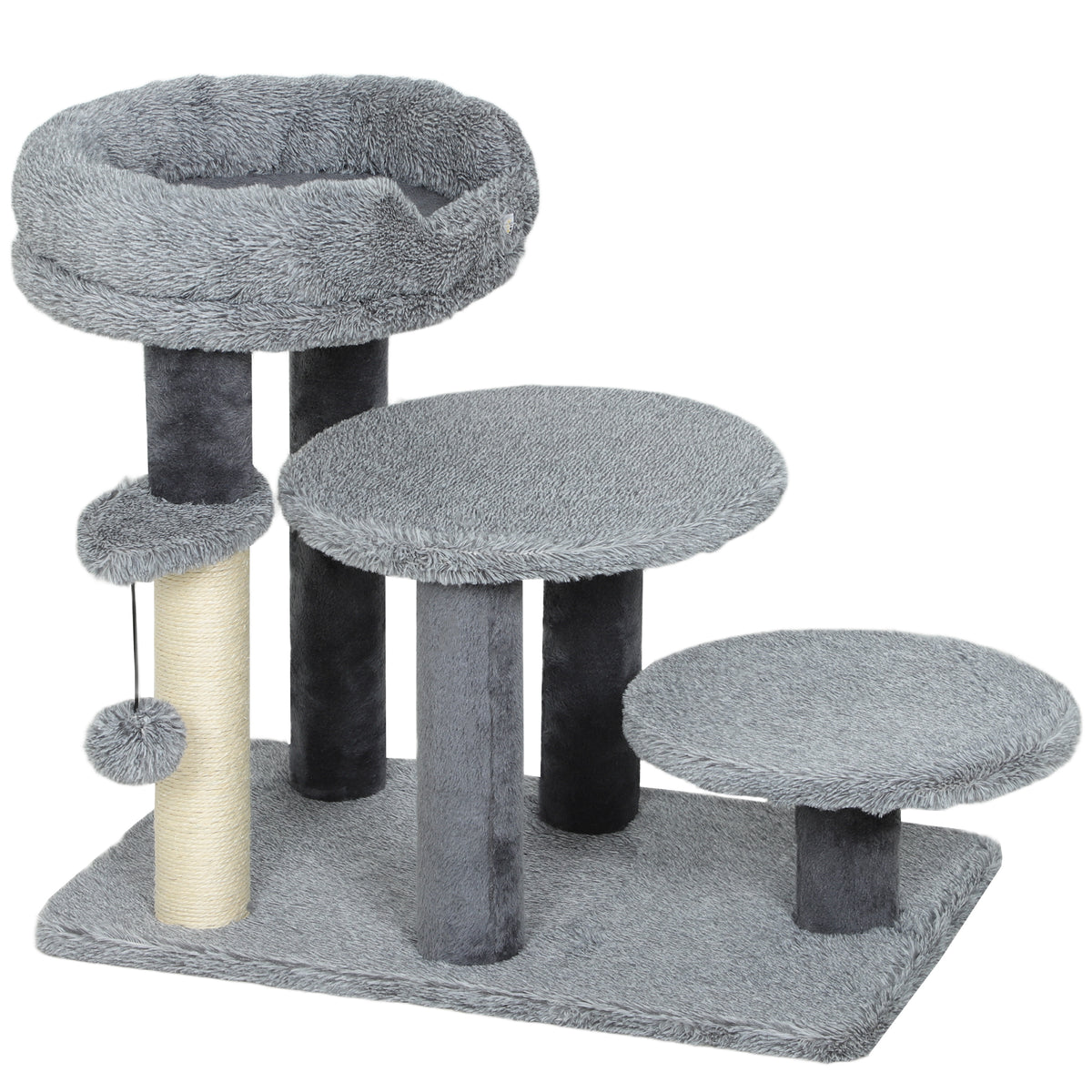 Cat tree and cat ladder, wide base, plush fabric, sisal scratching post, grey