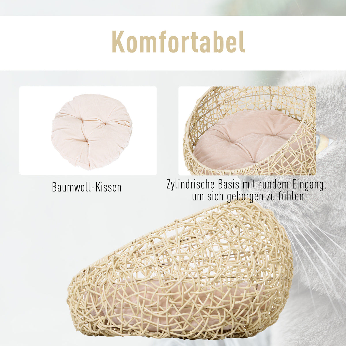 Rattan cat cave cat bed cat house with cushion cat tent pet house for cats dogs beige Ø56 x 35 cm (4)