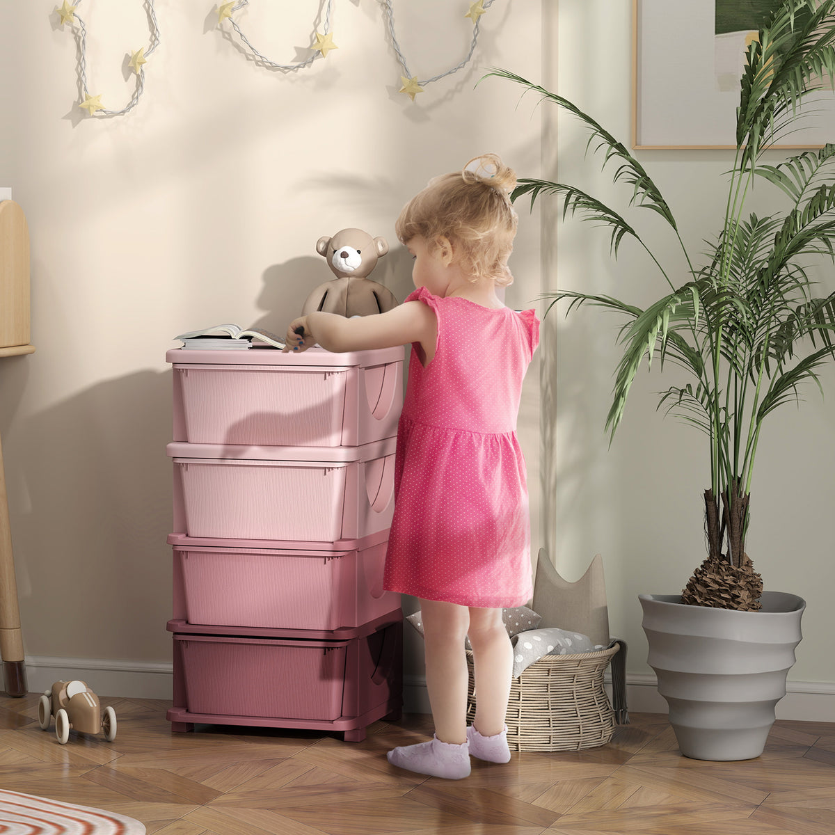 Storage boxes for children, 4 drawers, rounded edges, elevated design, 37x37x76 cm, pink (2)