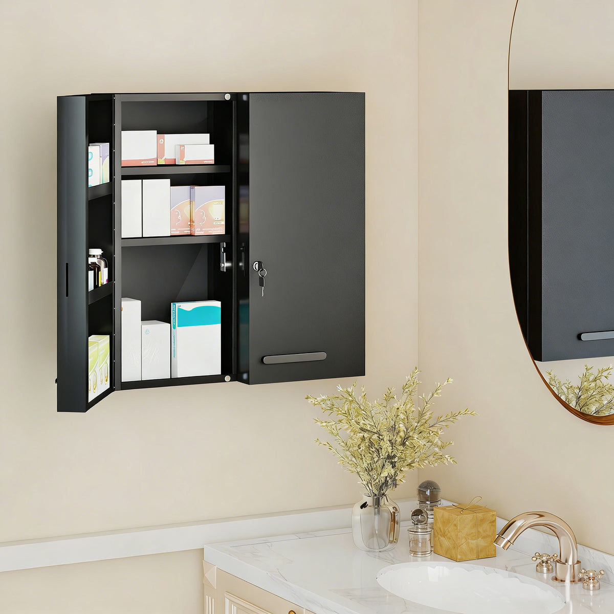 Medicine cabinet, lockable medication cabinet with 2 doors and 6 shelves, black (2)