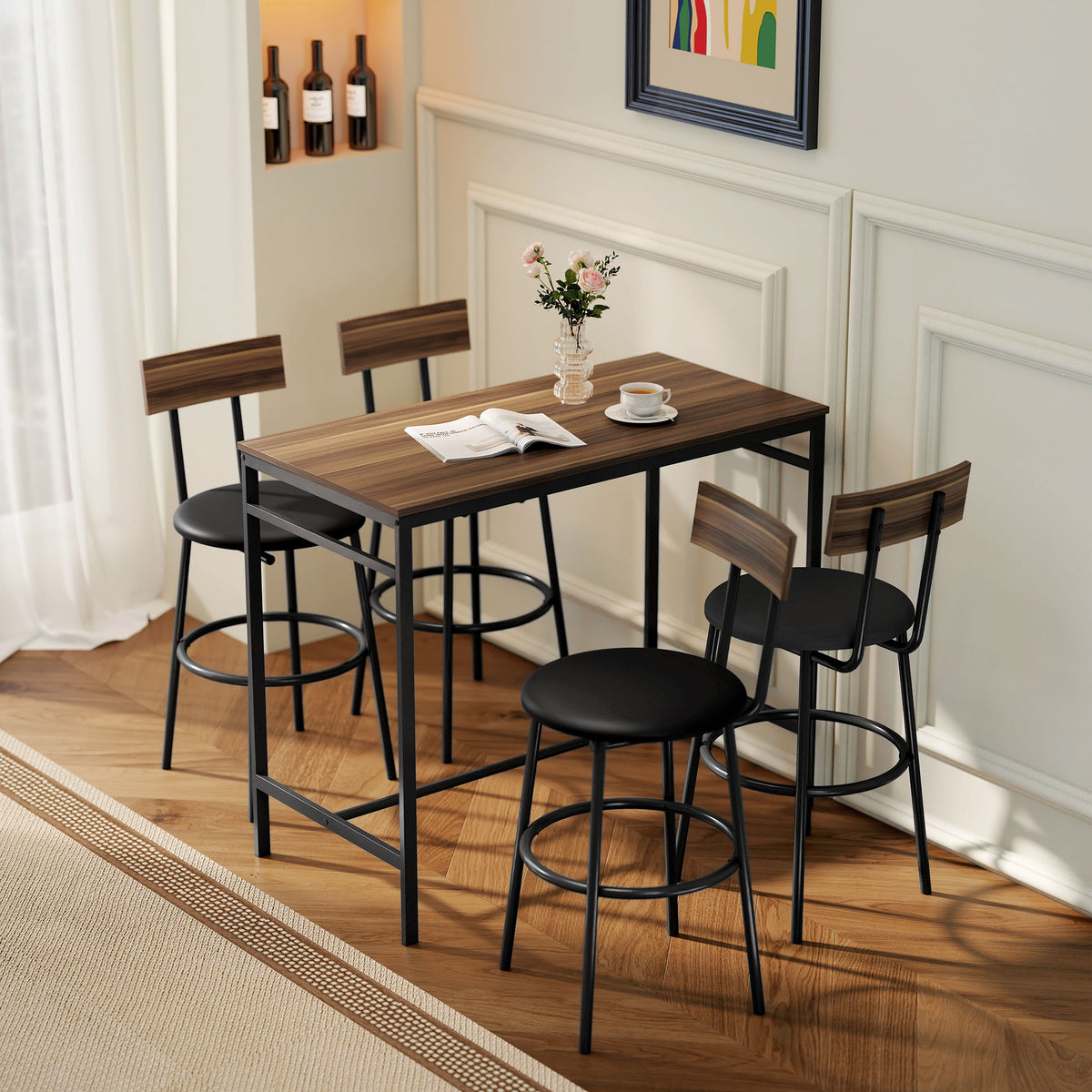 5-piece bar table set with 4 chairs, industrial design, for kitchen, dining room, wood, steel, brown (2)