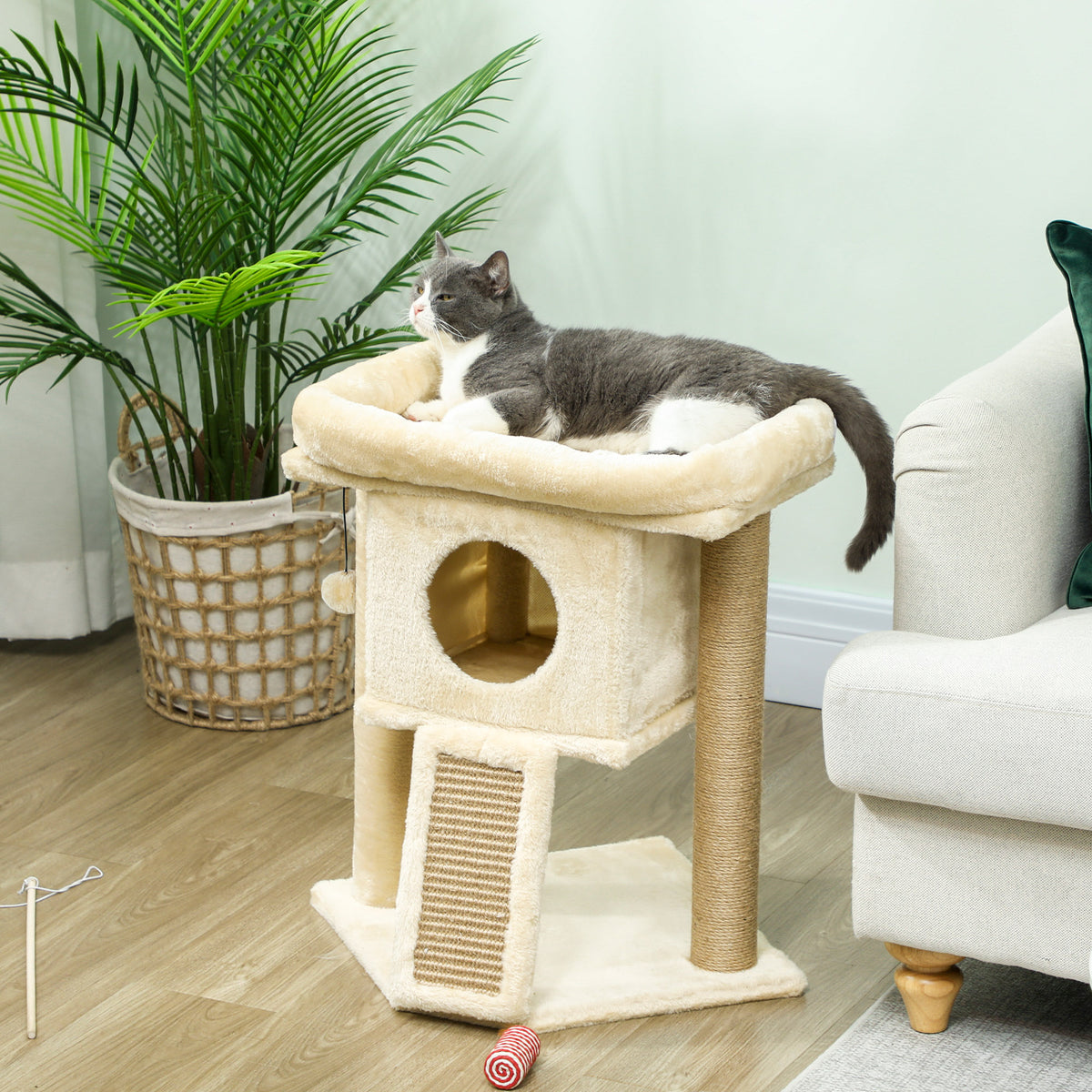 Cat tree with jute scratching mat, lounging platform, play ball, cat house, beige, 40 x 40 x 57 cm (2)