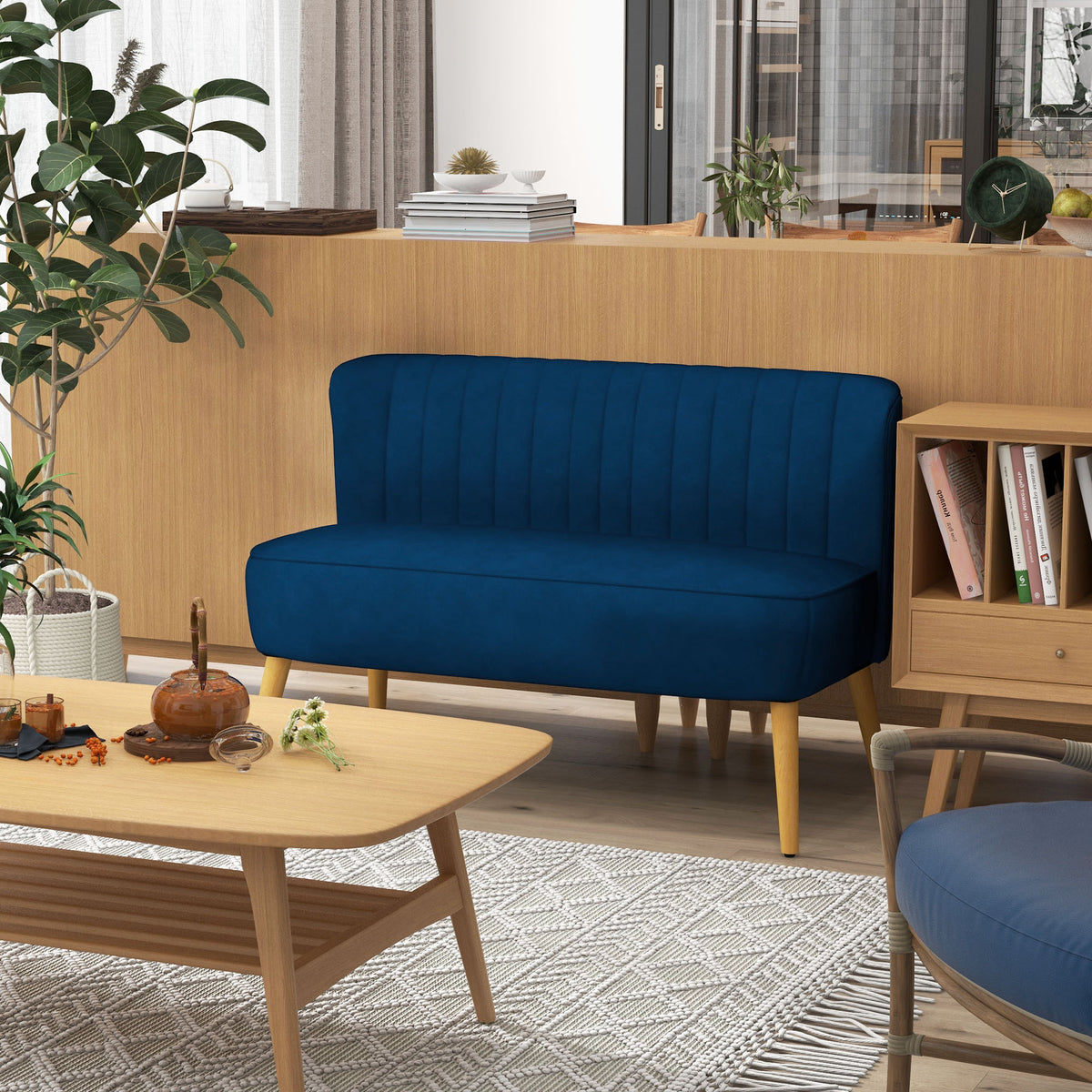 Retro-design 2-seater sofa, wooden legs, 117 cm x 56.5 cm x 77 cm, blue (2)