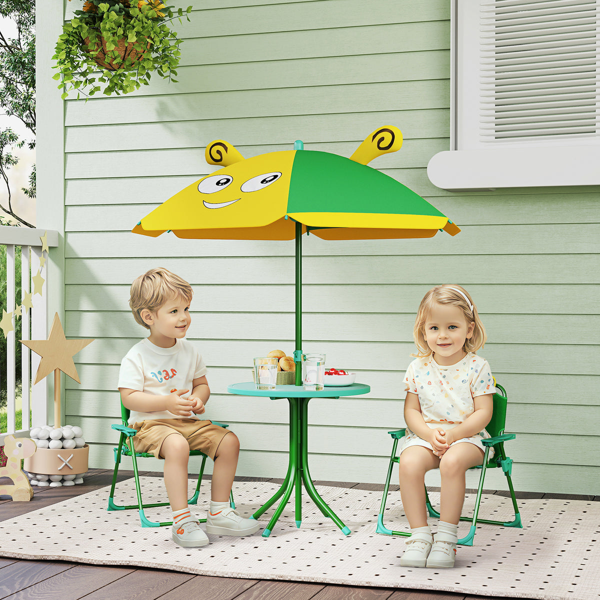 Children's garden furniture set, chairs, table, parasol, bee design, green+yellow (2)