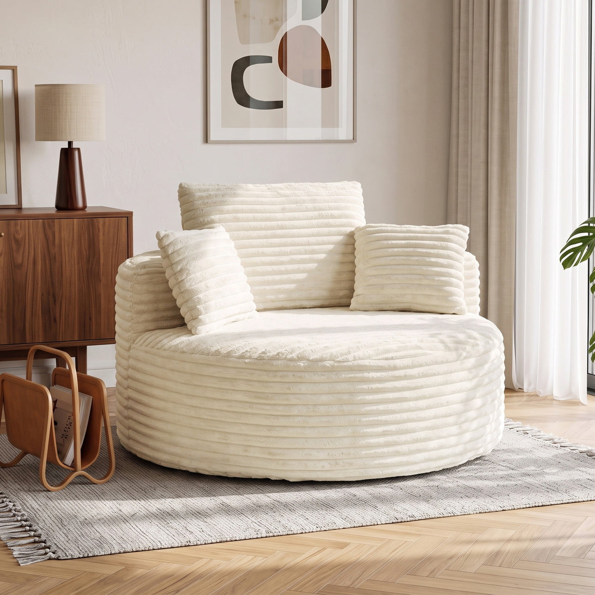 Armchair with deep seat, individual sofa without a rigid frame, all-foam design, 4 cushions, cream white (2)