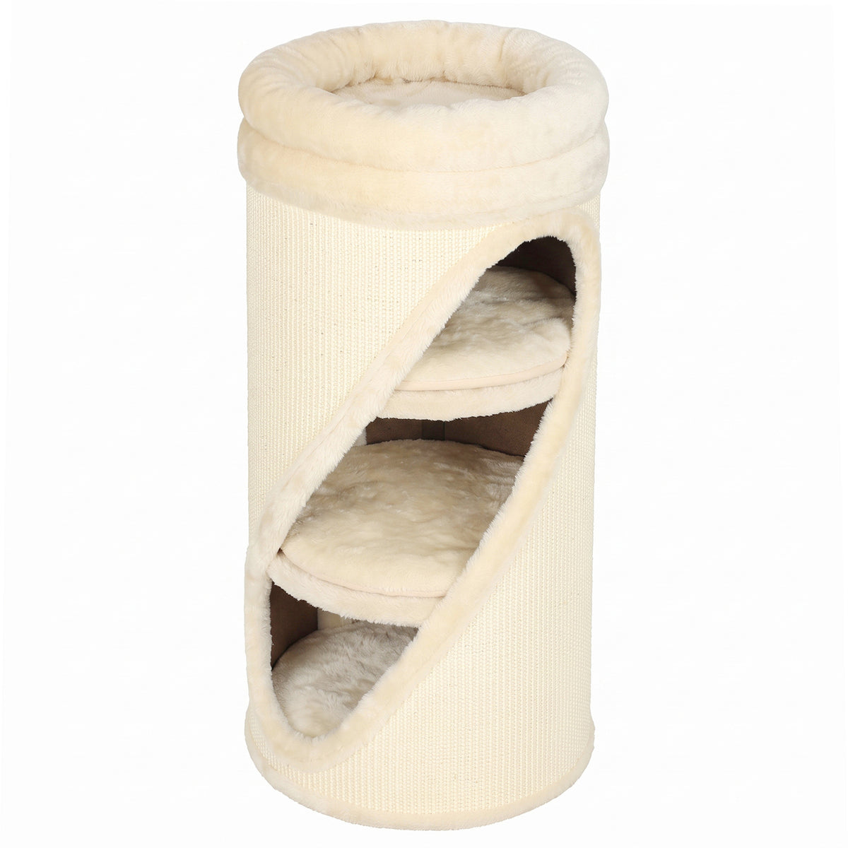 Scratching barrel, 75 cm high, Ø 35 cm, 4-tier cat barrel with 3 caves, removable washable plush bed, sisal