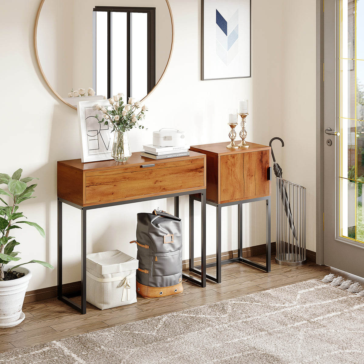Industrial design console table, side table, sideboard, 1 drawer, brown + black (2)