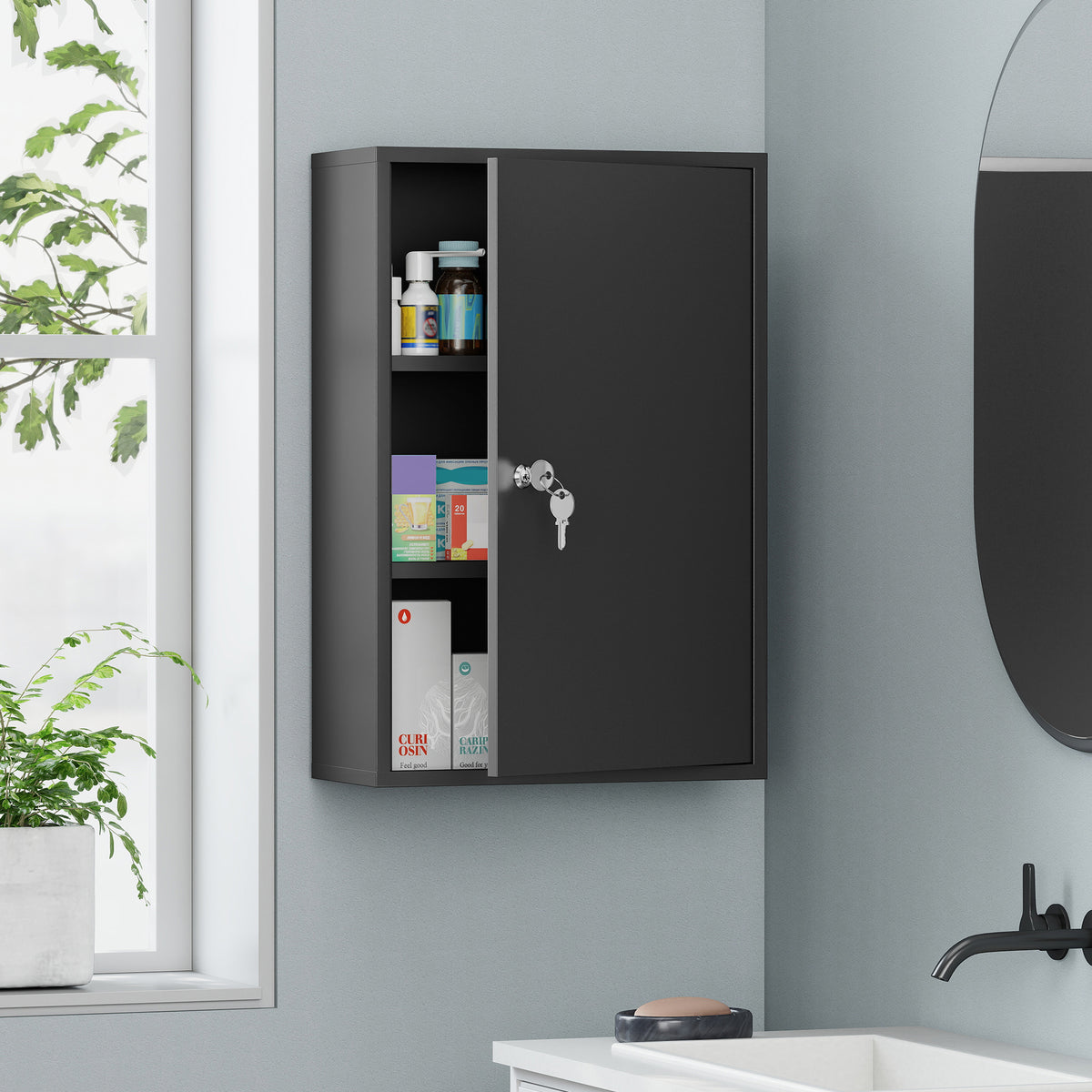 Wall-mounted medicine cabinet, bathroom cabinet with 3 shelves, 2 keys, 40 x 18 x 60 cm, black (2)