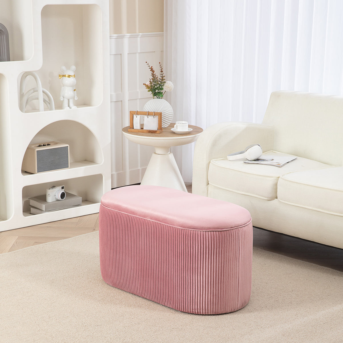 Bench, storage bench, upholstered bench, ottoman, retro design, velvet look, 81 cm x 40 cm x 41 cm, old rose (2)