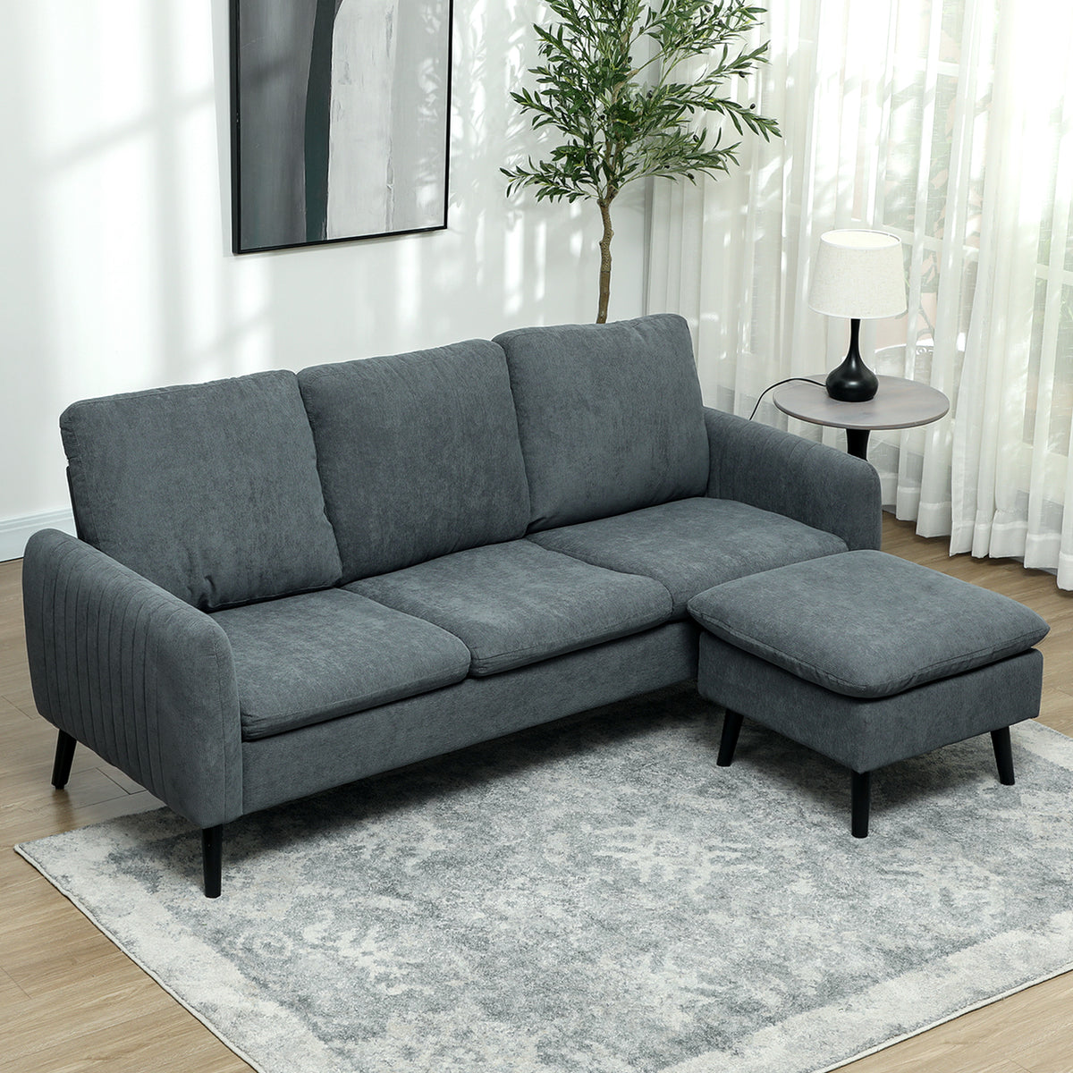 Corner sofa, 3-seater sofa with ottoman, fabric upholstery, L-shaped couch set, dark gray (2)