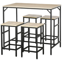Bar table set, high table with 4 bar stools, 5-piece table set, steel/oak
