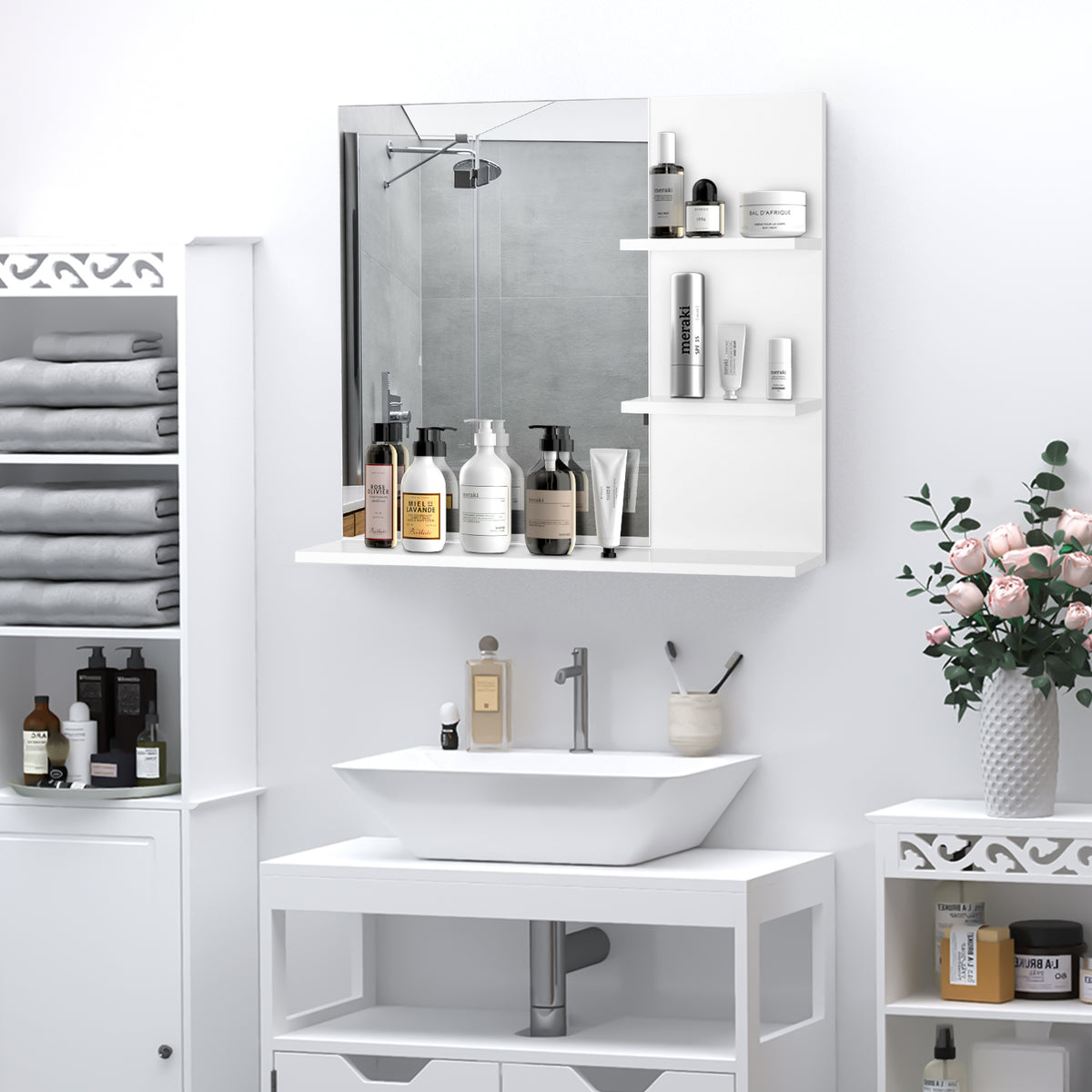 Bathroom mirror with 3 shelves, wall mirror, bathroom mirror, mirror shelf for bathroom, white, 60 x 10 x 48 cm (2)