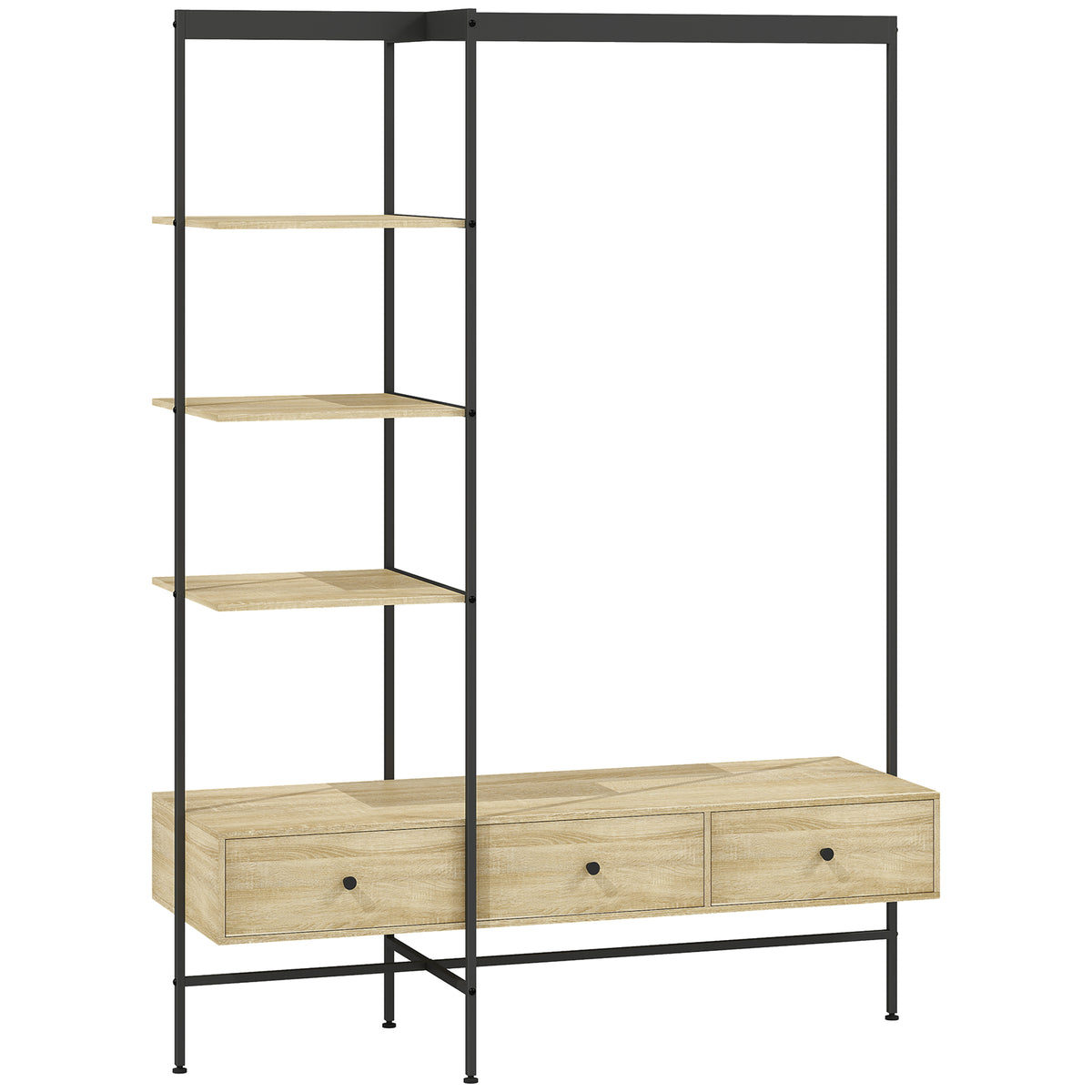 Coat rack with shelves, drawers and clothes rail, 180 cm freestanding coat stand in a modern style, metal frame