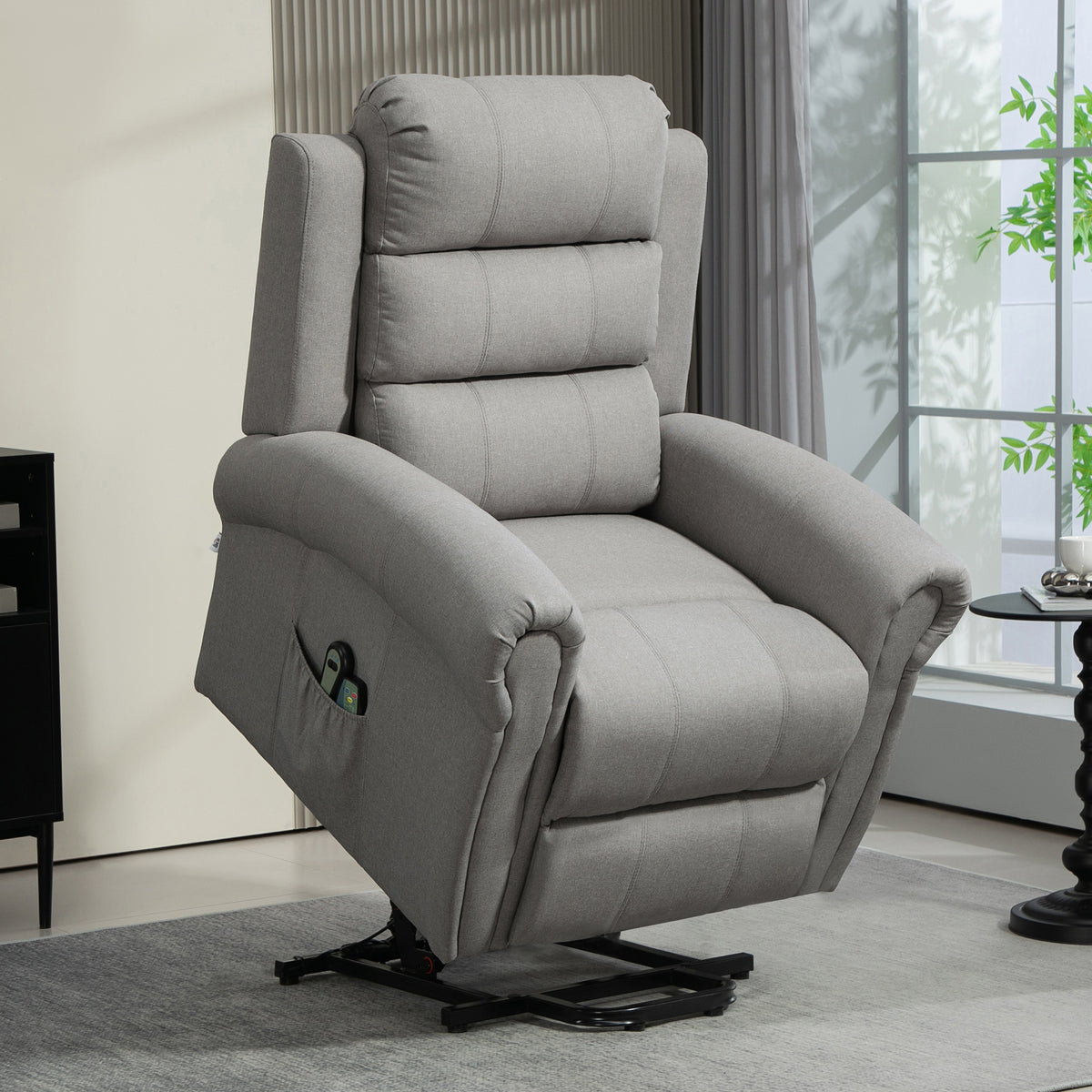 Recliner with lift assist, 8 massage points, heated backrest, linen look, light gray (2)