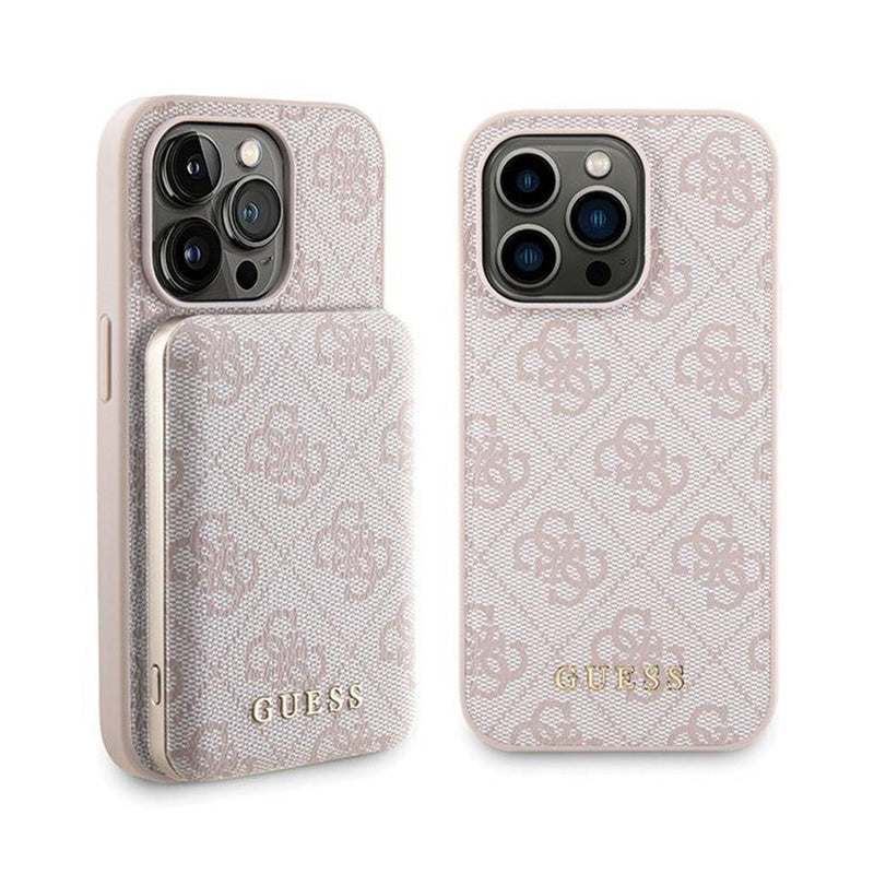 Guess Bundle Pack MagSafe 4G Metal Gold Logo - case + 5000mAh MagSafe Power Bank set for iPhone 14 Pro (pink)