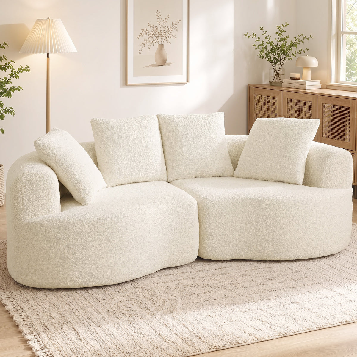 3-Seater Sofa 207 cm Cloud Sofa with Chenille Look, 4 Throw Pillows for Bedroom, Tool-Free Assembly, Cream White (2)