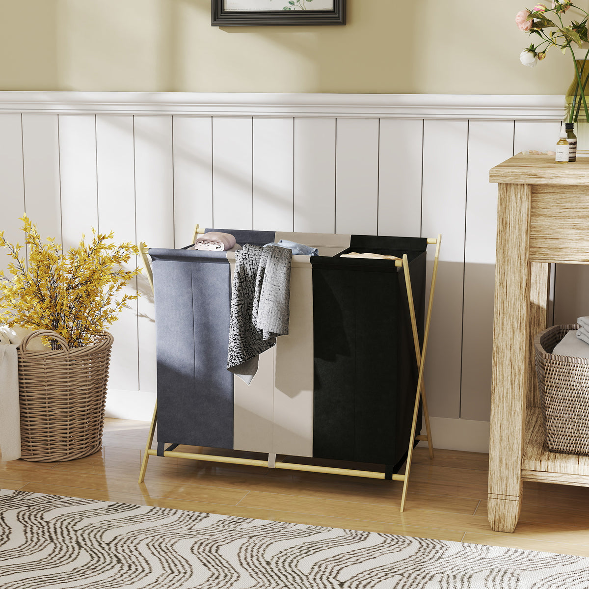 3-Compartment Laundry Hamper 129L Foldable Laundry Sorter for Laundry Room Bedroom Multicolor (2)