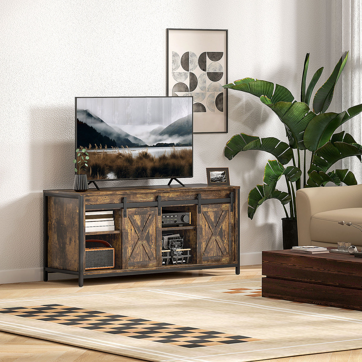 TV stand, industrial design, for 60'' TVs, 6 compartments, 2 sliding doors, brown/black (2)