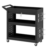 Tool trolley with lockable casters, rolling workshop cart with 3 tiers, drawer and pegboards, black