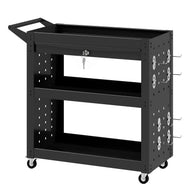 Tool trolley with lockable casters, rolling workshop cart with 3 tiers, drawer and pegboards, black