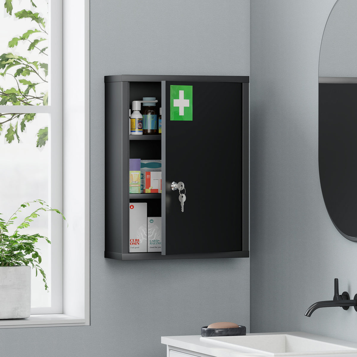 Wall-mounted medicine cabinet with lock, 3-tier steel wall cabinet, 40 x 15 x 53.5 cm, black (2)