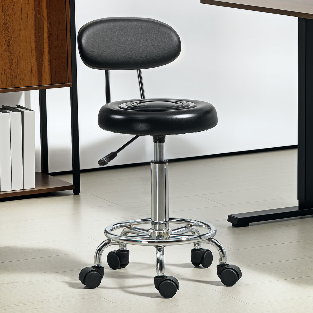 Rolling stool, swivel and adjustable stool with backrest, faux leather upholstery, footrest, for dressing tables (2)