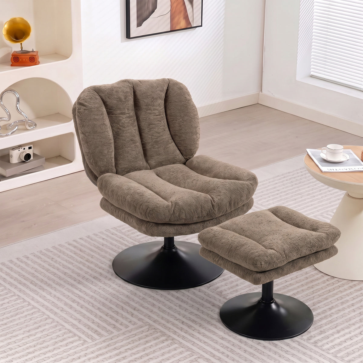 Lounge chair with ottoman, 360° swivel, in raindrop velvet, height-adjustable footstool, brown (2)
