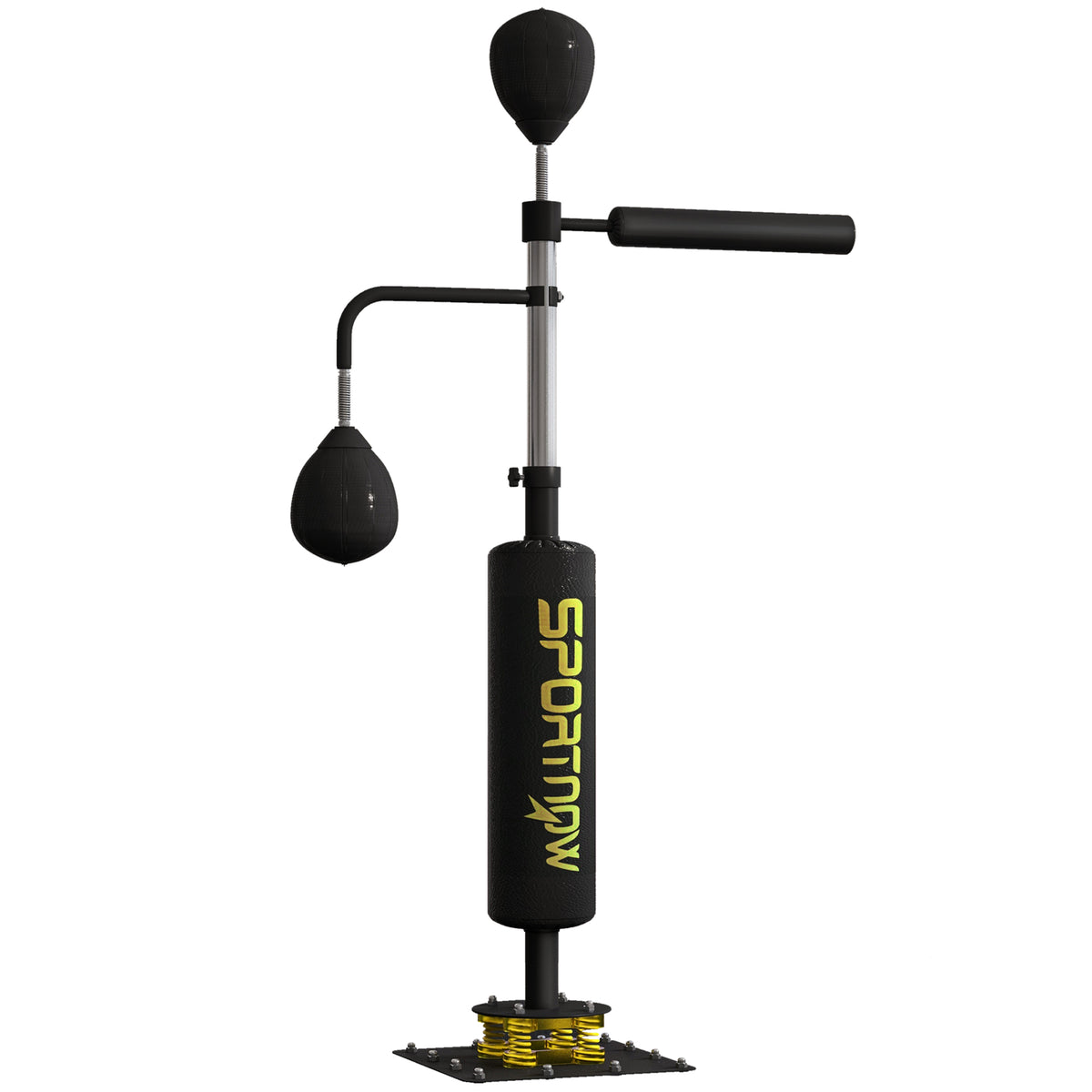Boxing stand, two speedballs, rotating punching bar, kick pad, height-adjustable, steel, 107 x 36 x 140-205 cm