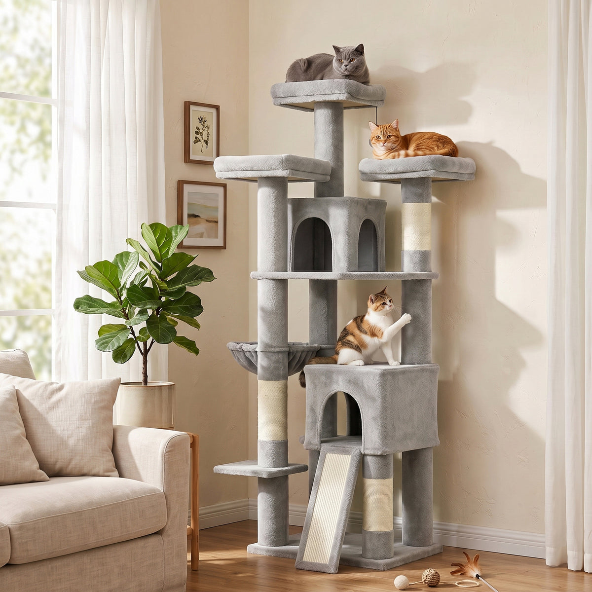 Large cat tree, 184 cm high, cat tree with 3 scratching posts, lounging areas, play ball, hammock, ladder, for (2)