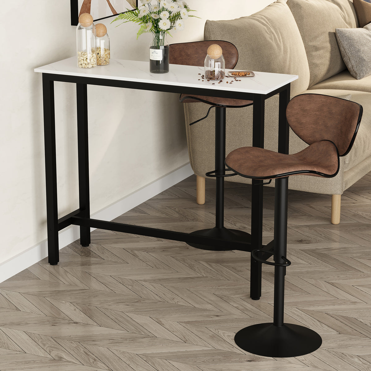 Bar table in marble look, steel frame, leveling feet, 120x40x100 cm, white/black (2)