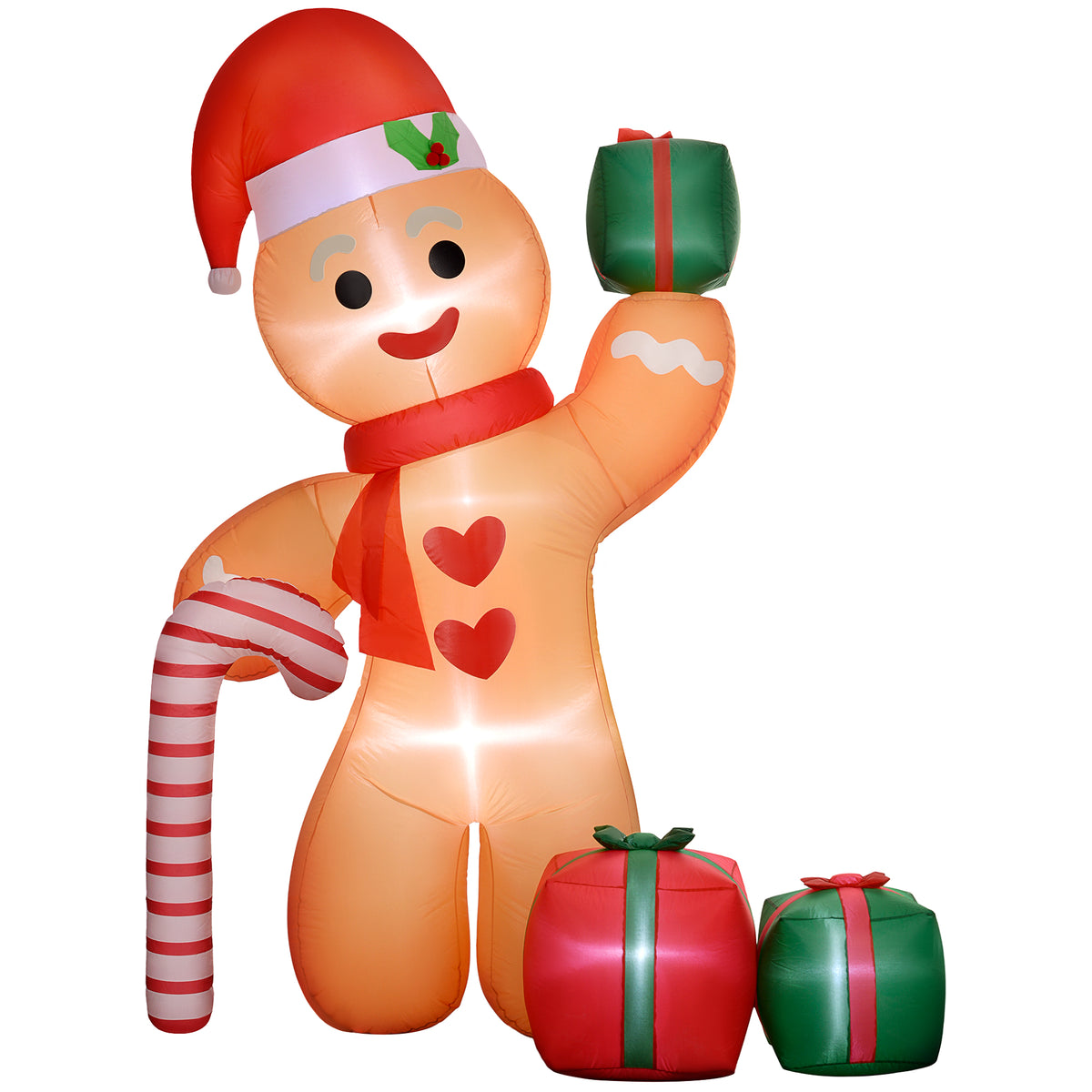 Gingerbread man with candy cane, 2.45 m tall, inflatable, white LED lighting, 170 x 100 x 245 cm