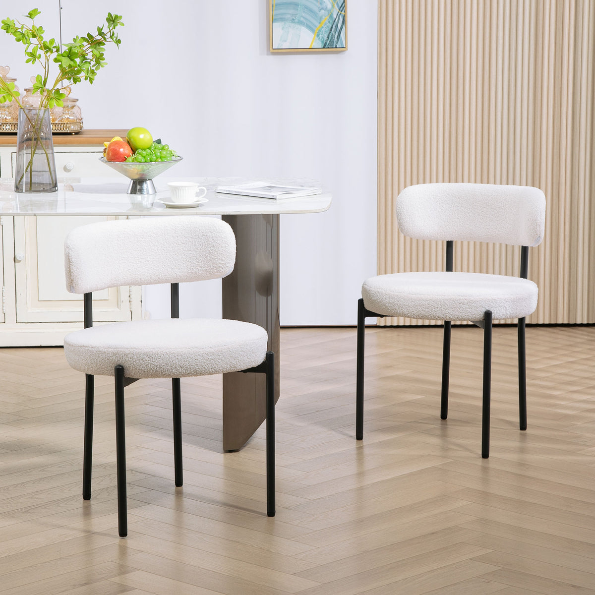 Set of 2 dining chairs, fleece upholstery, chairs with padded seat, metal legs, cream white (2)