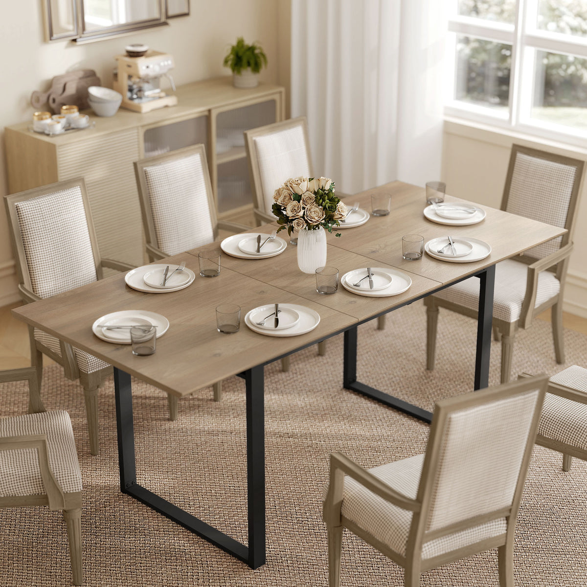 Extendable dining table for 6-8 people, 140-180 cm, rectangular kitchen table with steel base, natural (2)