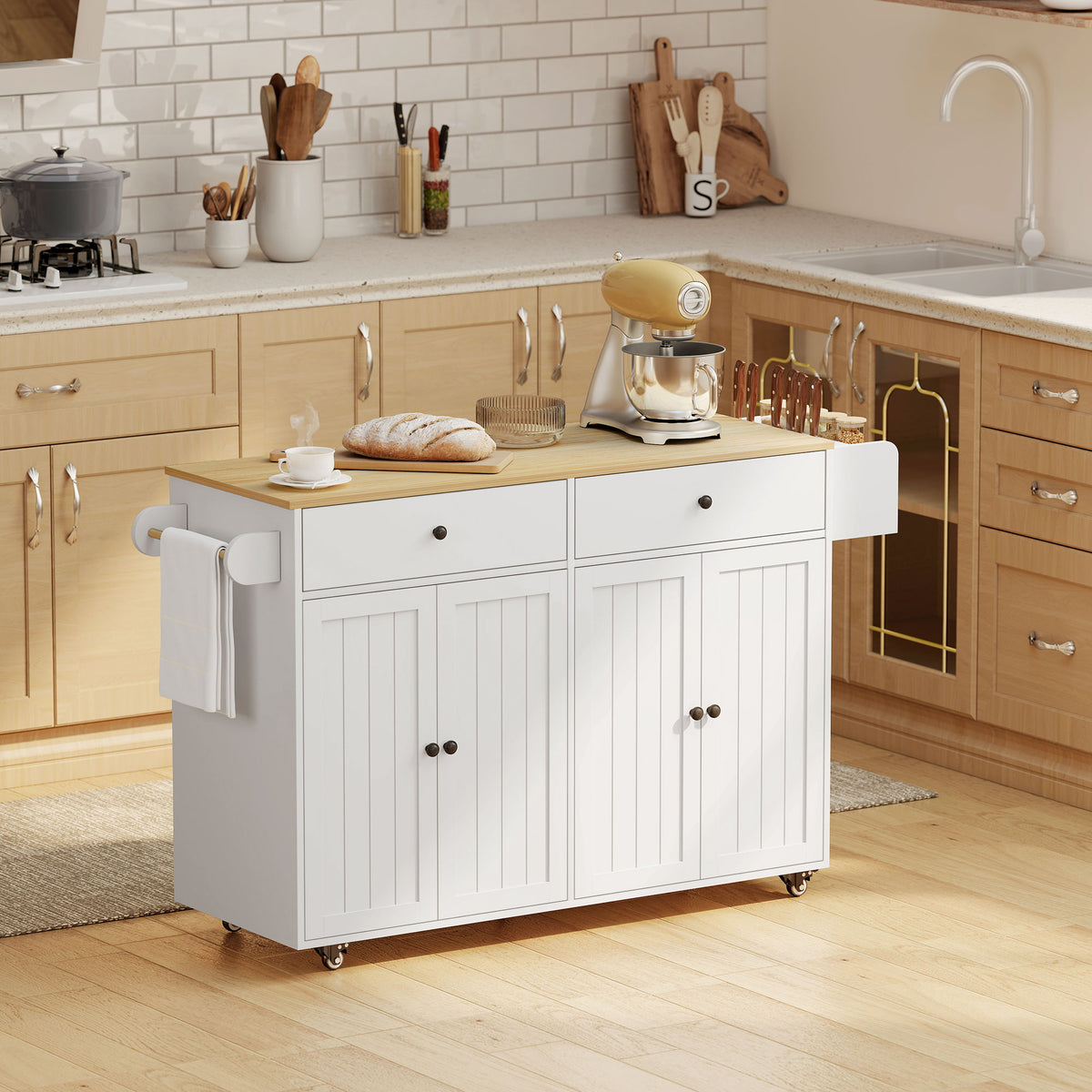 Rolling kitchen island, 2 drawers, 2 cabinets, movable, spice rack, towel holder, knife holder, MDF, white (2)