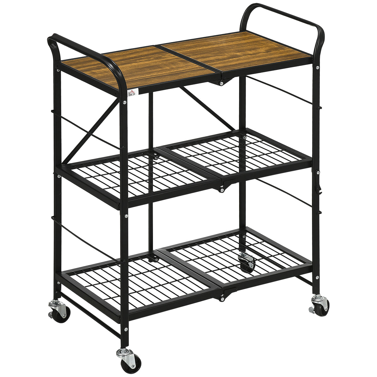 Industrial design kitchen trolley, 3 shelves, multipurpose cart, serving trolley, 4 wheels, foldable, brown +