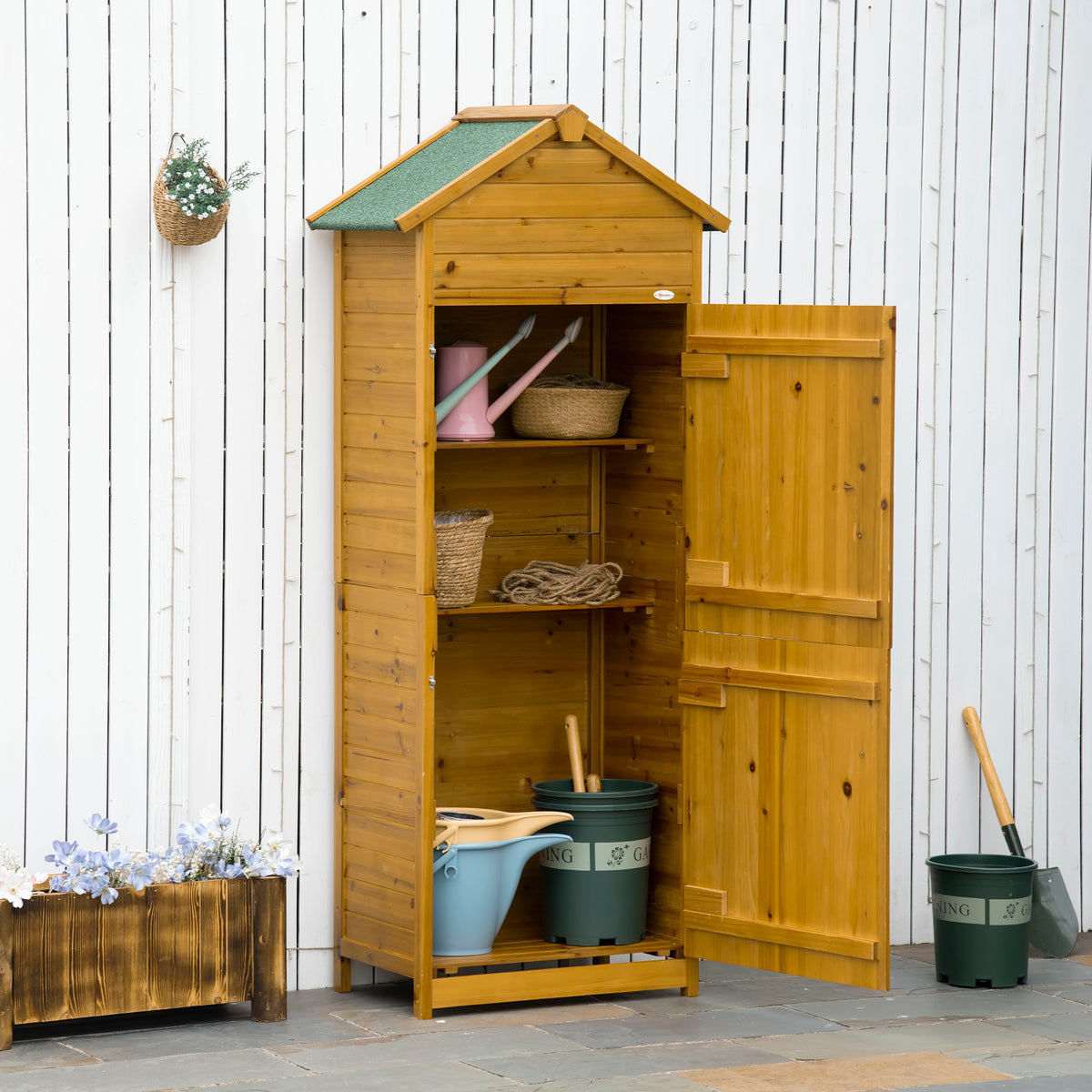 Tool cabinet, garden shed, 2 shelves, 2 doors, weather-resistant, natural wood, 79 x 49 x 190cm (2)