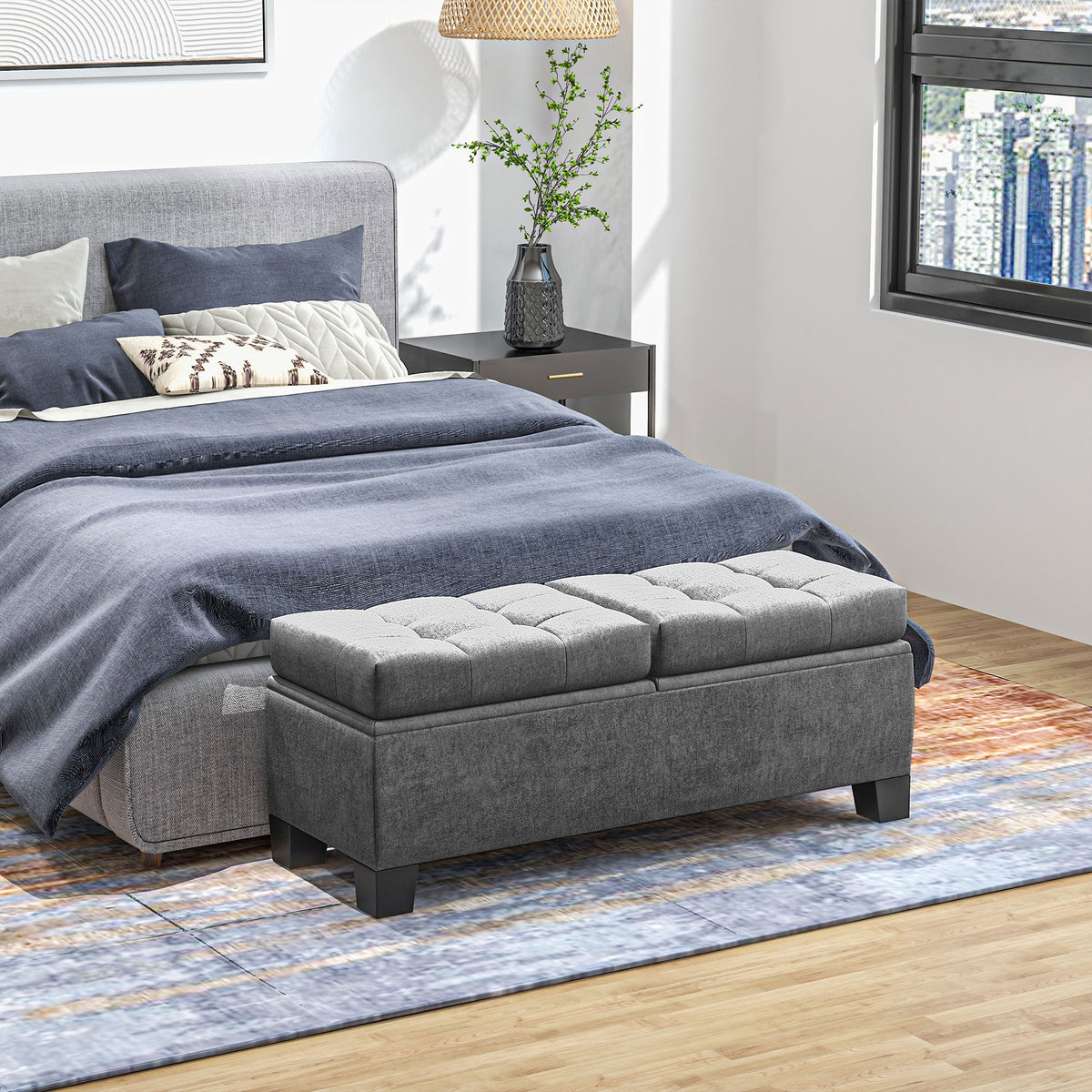 Storage bench with storage space, upholstered bench with linen look, padded storage box, load capacity up to (2)