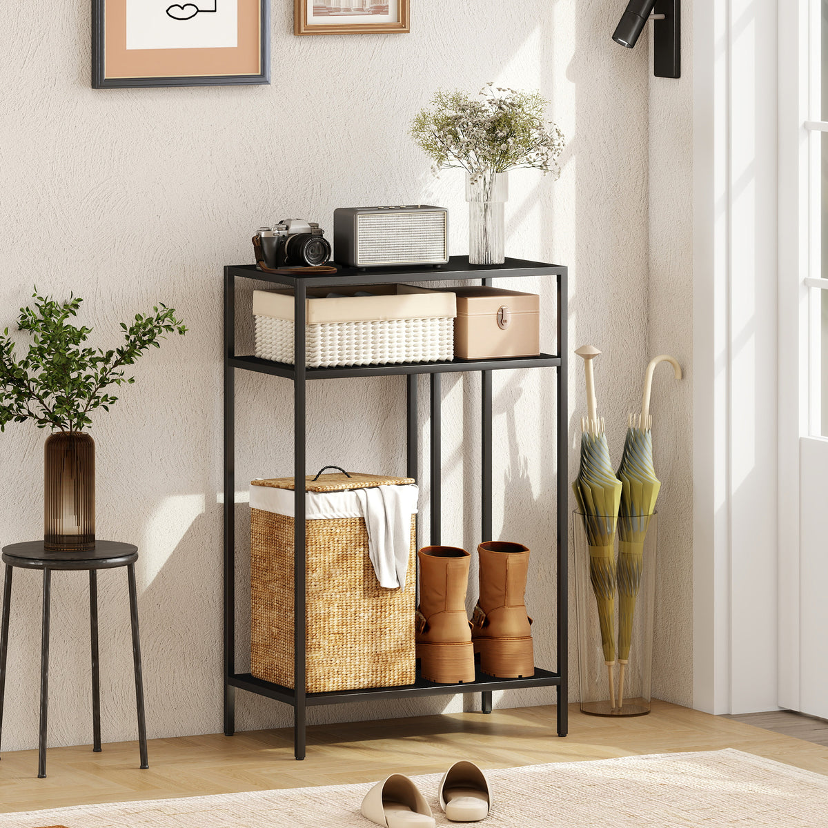 Console Table 3-Tier Shelves Narrow Entryway Table Steel Frame for Living Room Hallway 55 cm Black (2)