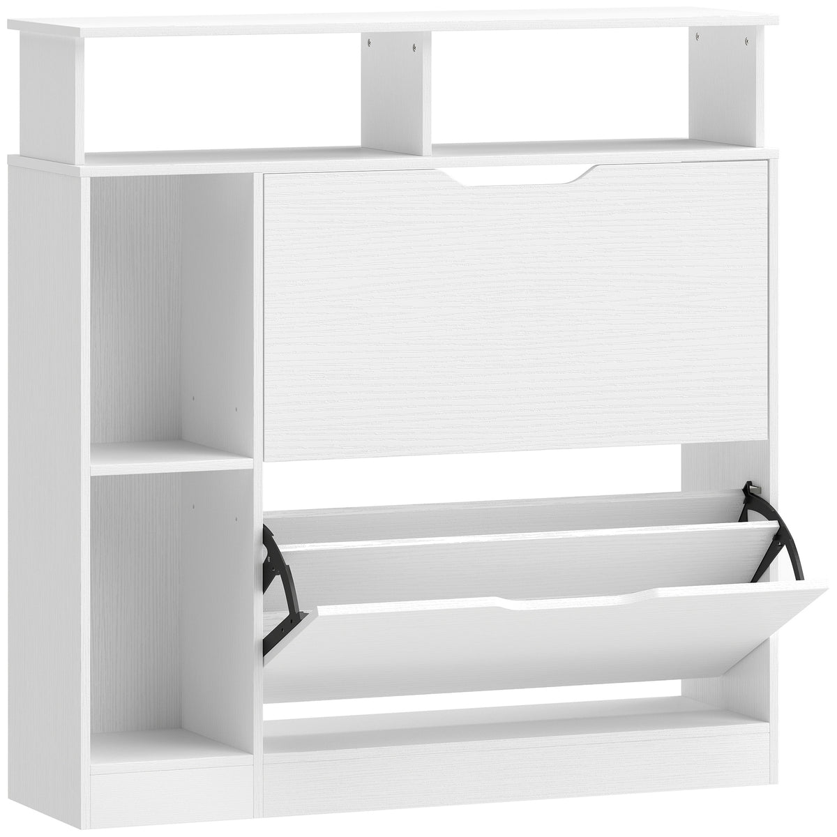 Shoe cabinet with 2 tilt-out compartments, shoe tipper with adjustable divider, open shelf for 12 pairs of shoes