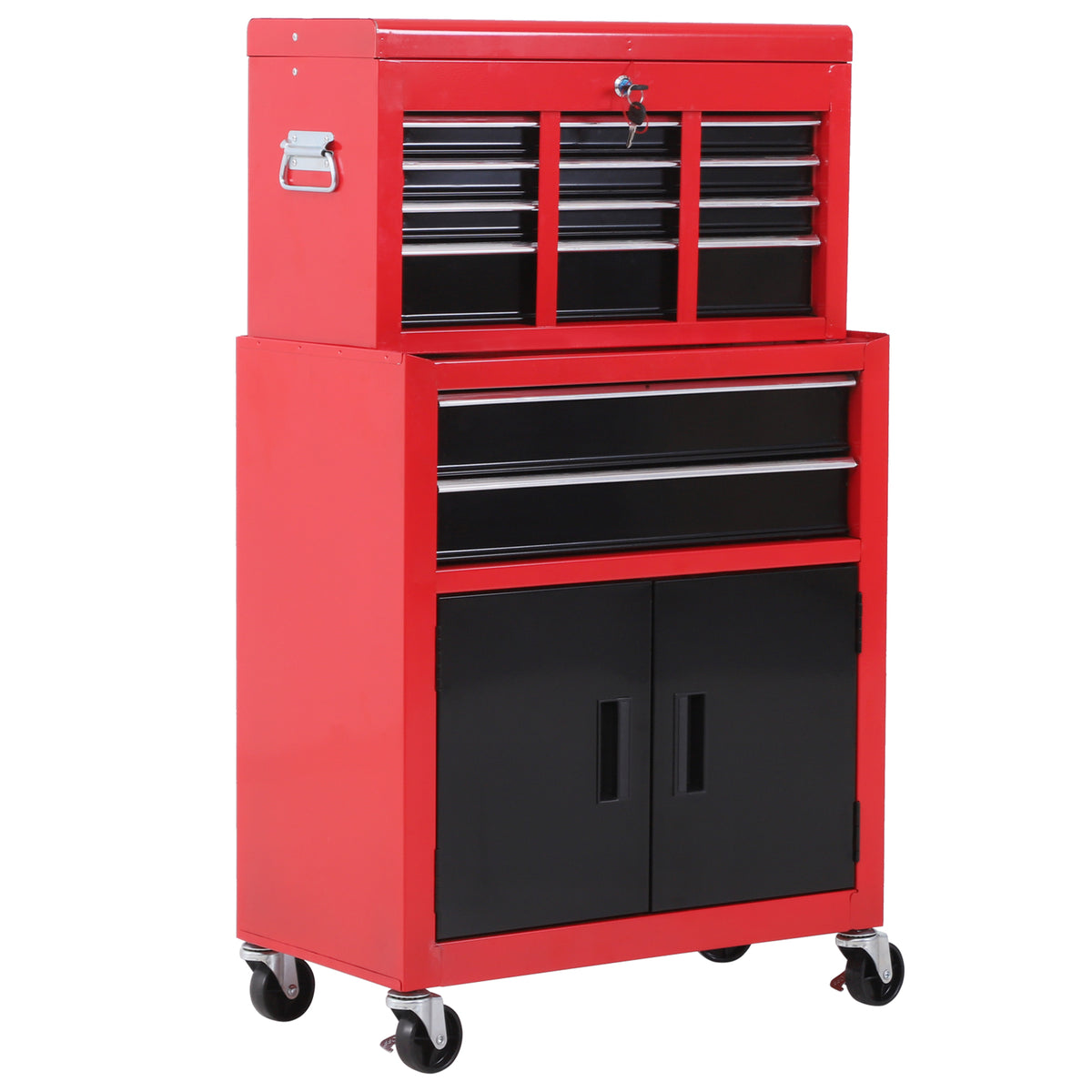 Tool cabinet with toolbox, mobile, 6 drawers, metal, red