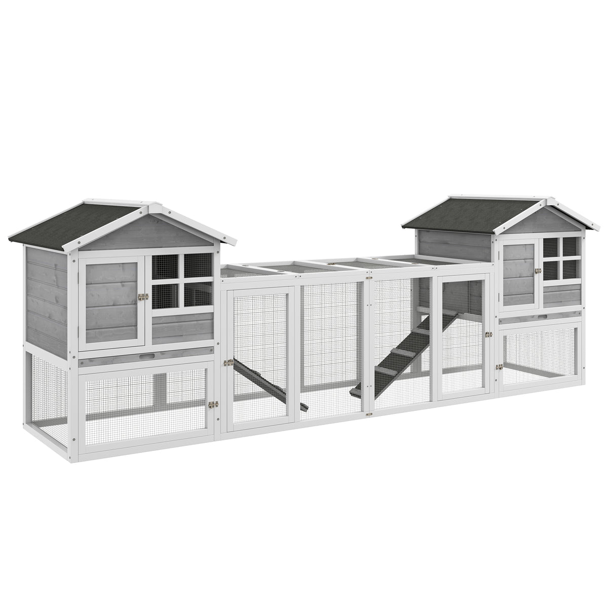Small animal hutch, rabbit hutch, outdoor enclosure, hutch, ramp, pull-out trays, white + grey