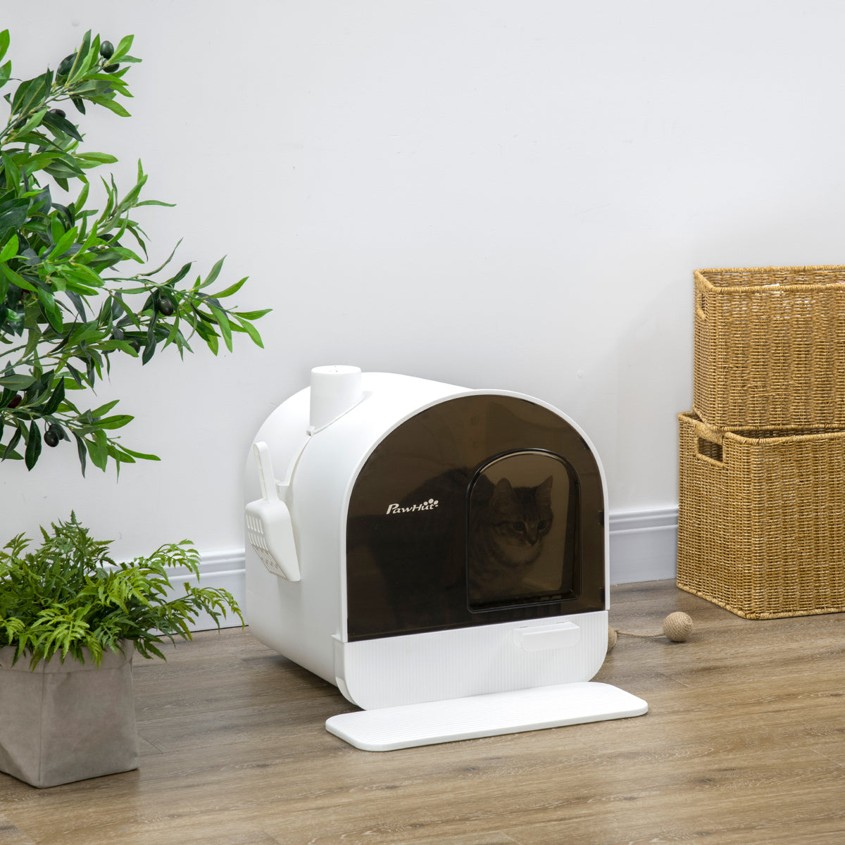 Cat litter box with filter, 1 replacement filter, 1 floor mat, 43 cm x 44 cm x 47 cm, black + white (2)