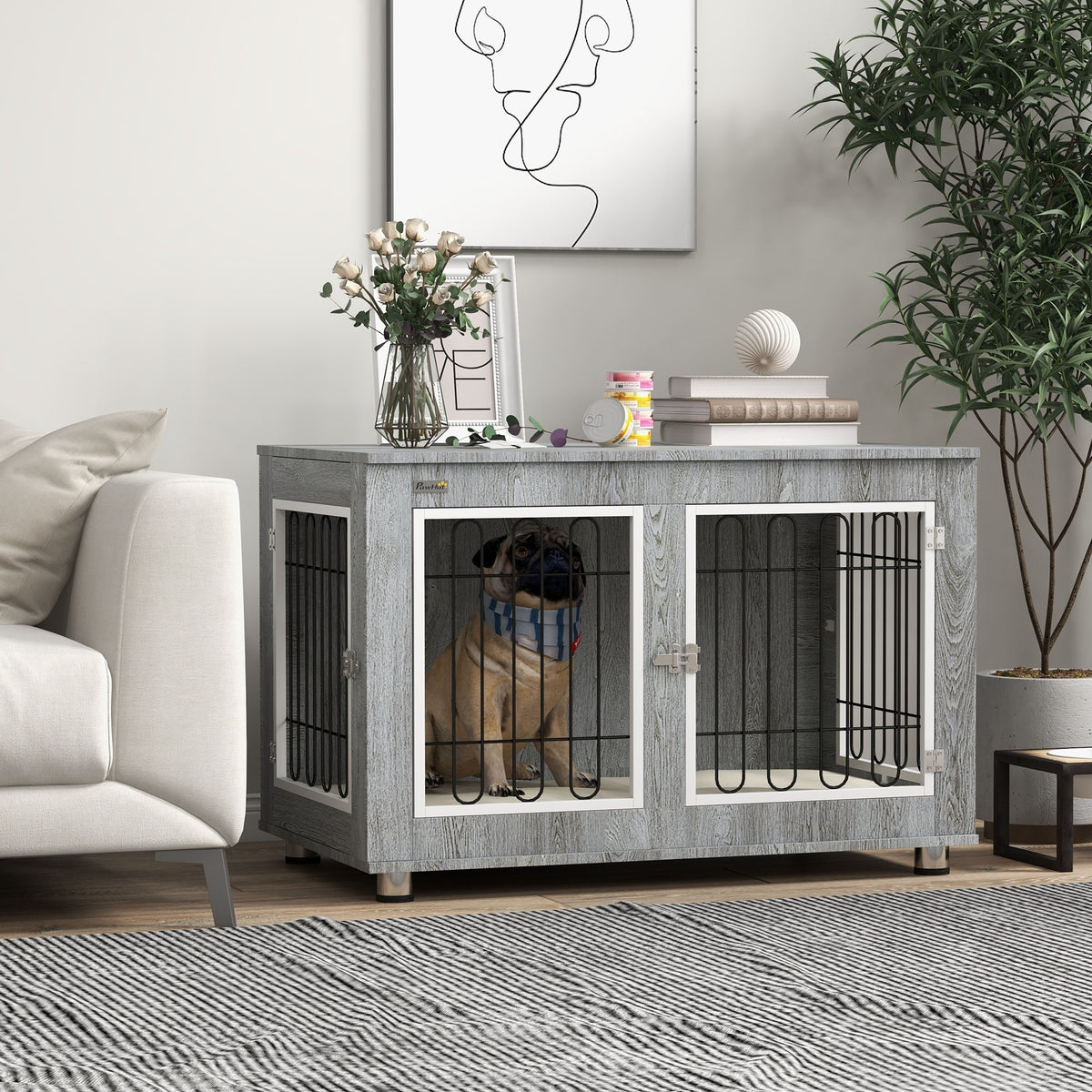 Dog crate, dog box with washable cushion, 2 latches, 90 cm x 58 cm x 65 cm, gray (2)