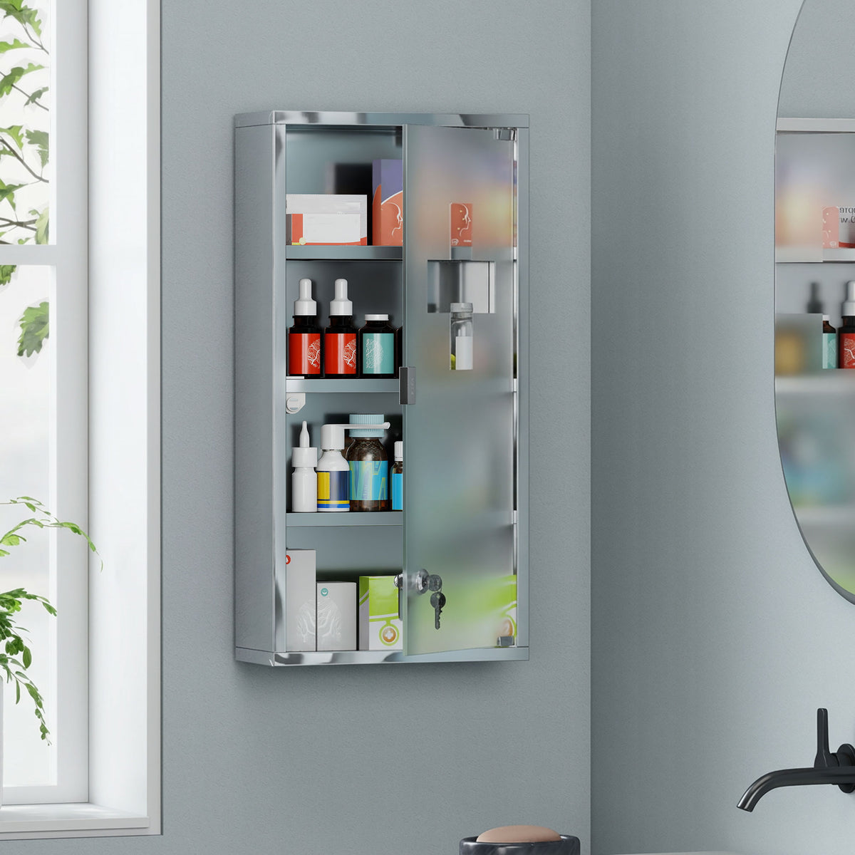Stainless steel medicine cabinet, lockable medicine storage with 4 compartments, glass door apothecary cabinet (2)