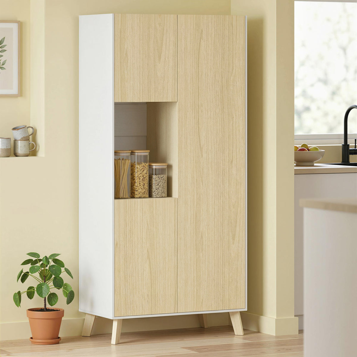 170 cm kitchen cabinet, modern cabinet with open compartment, adjustable shelves, natural wood look (2)