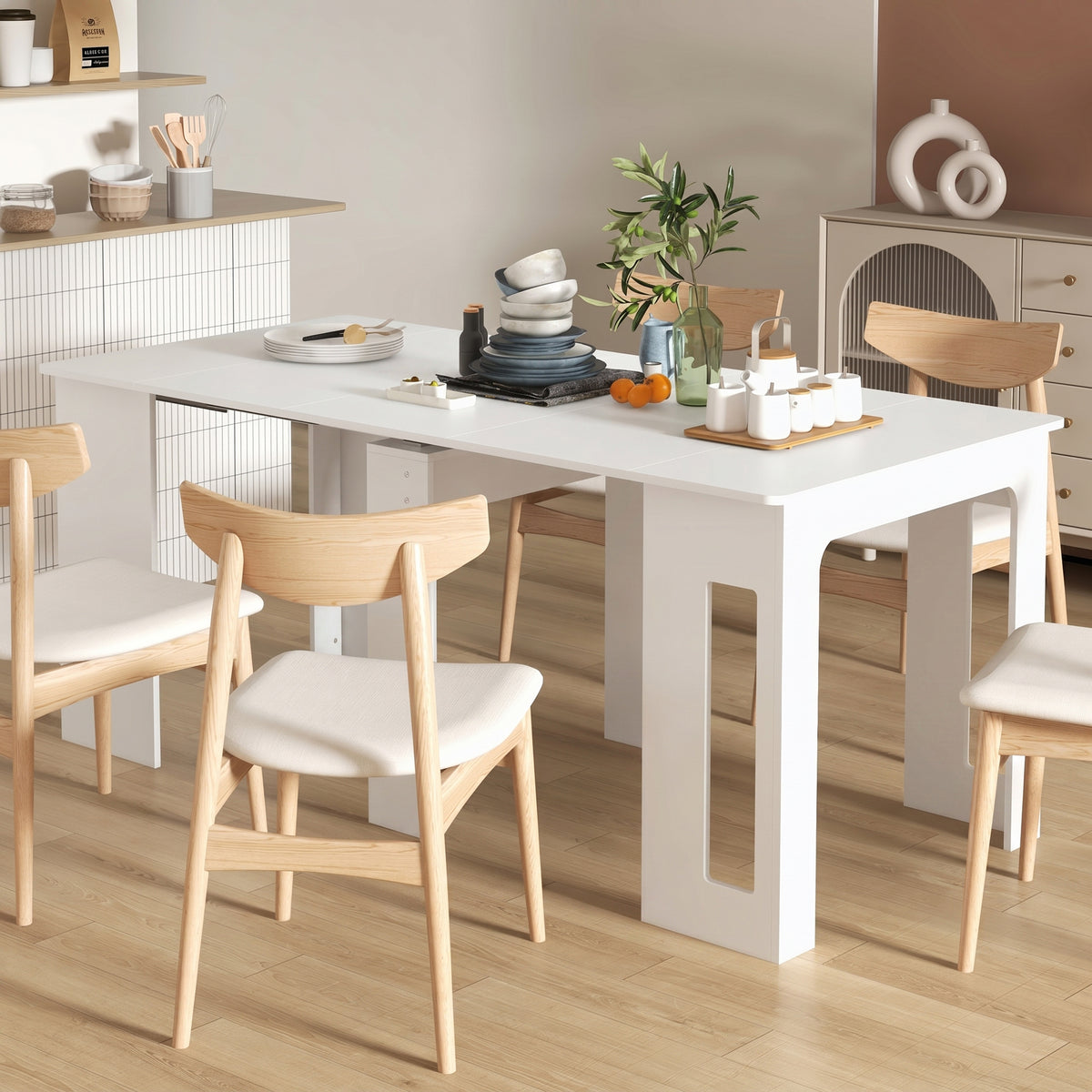 Dining table, folding table, extendable kitchen table, dining room table, chipboard, 60-180 x 85 x 75 cm, white (2)
