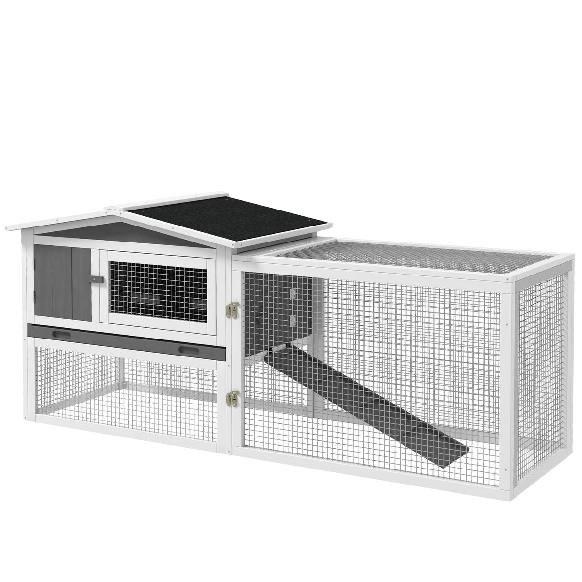 Fir wood rabbit hutch, small animal house with asphalt roof, small animal enclosure, 156 x 58 x 68 cm, light